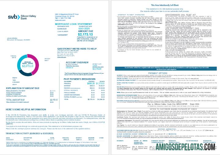 Declaração de empréstimo hipotecário do Banco do Vale do Silício dos EUA, Flórida, em formatos Word e PDF, 4 páginas 1 2 baixar para verificação